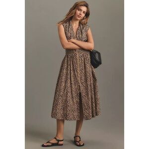 Anthropologie Maeve Tommie Cap-Sleeve Smocked Front-Zip Shirt Dress Leopard LP